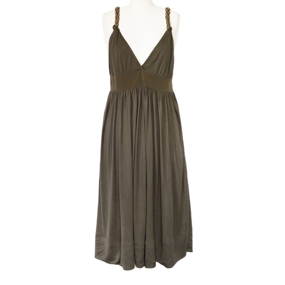 Chloe Olive Green Braided Chain Strap V-Neck Empire Waist Midi Dress Womens XS